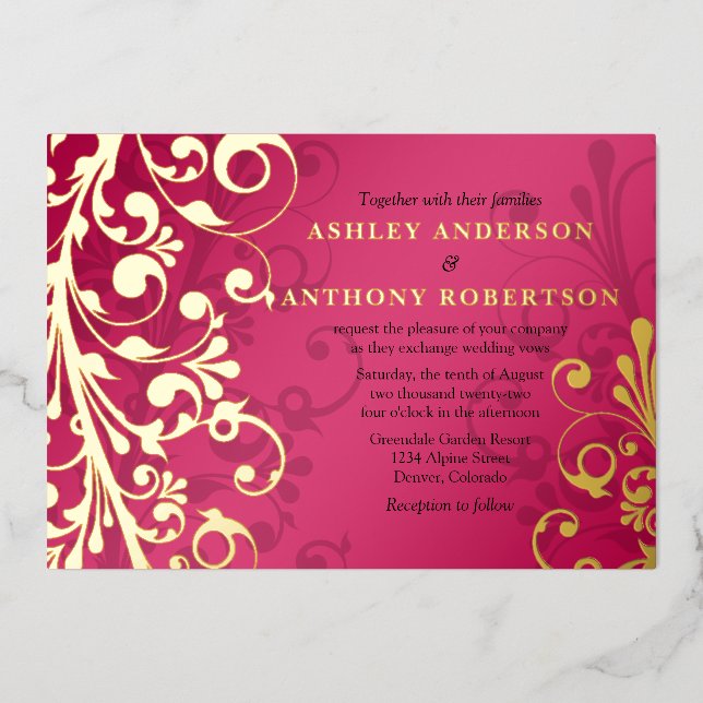 Raspberry Pink Real Gold Foil Floral Wedding (Front)