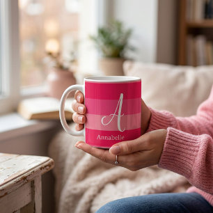 Raspberry Pink Stripes Custom Monogram Name  Coffee Mug