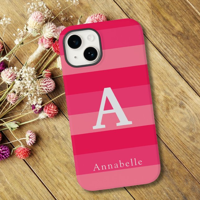 Raspberry Pink Stripes Custom Monogram Name  iPhone Case (Creator Uploaded)