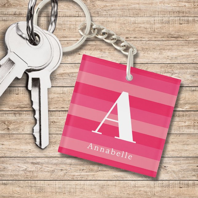 Raspberry Pink Stripes Custom Monogram Name  Keychain (Creator Uploaded)
