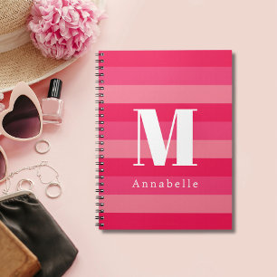 Raspberry Pink Stripes Custom Monogram Name Noteb Notebook