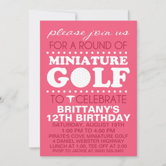 Raspberry Pink Tee Time Miniature Golf Birthday Pa Invitation (Front)