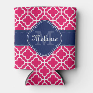Raspberry Pink Wht Moroccan Pattern Navy Monogram Can Cooler