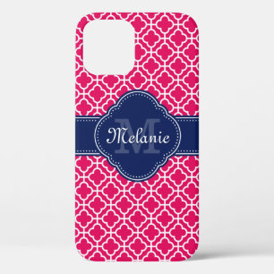 Raspberry Pink Wht Moroccan Pattern Navy Monogram iPhone 12 Case