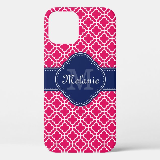 Raspberry Pink Wht Moroccan Pattern Navy Monogram Case-Mate iPhone Case (Back)