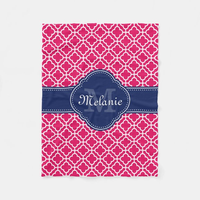 Raspberry Pink Wht Moroccan Pattern Navy Monogram Fleece Blanket (Front)