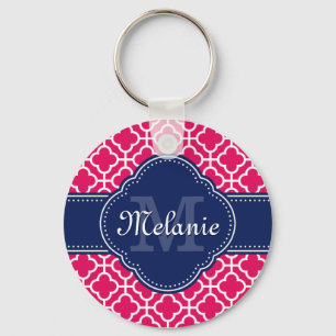Raspberry Pink Wht Moroccan Pattern Navy Monogram Keychain
