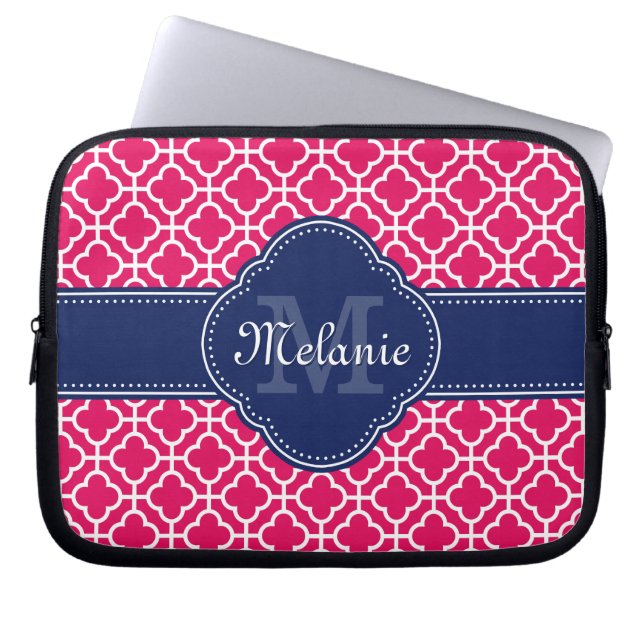 Raspberry Pink Wht Moroccan Pattern Navy Monogram Laptop Sleeve (Front)