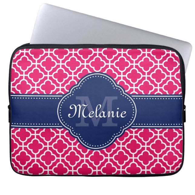 Raspberry Pink Wht Moroccan Pattern Navy Monogram Laptop Sleeve (Front)