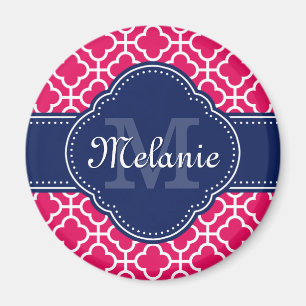 Raspberry Pink Wht Moroccan Pattern Navy Monogram Magnet