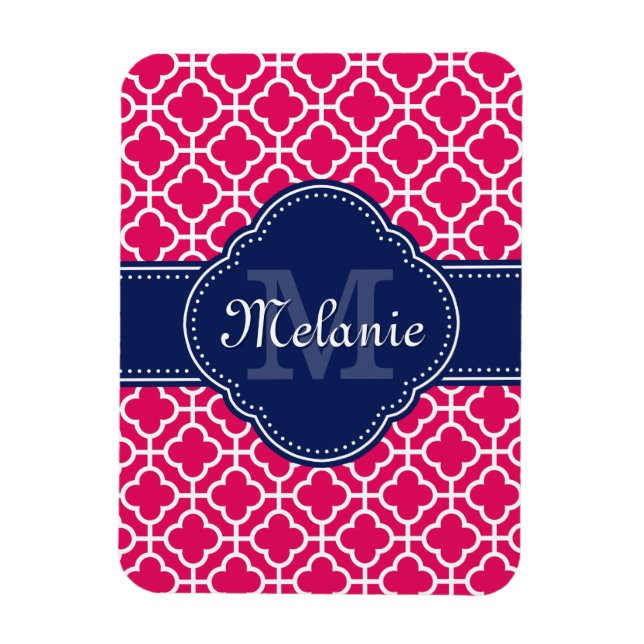 Raspberry Pink Wht Moroccan Pattern Navy Monogram Magnet (Vertical)
