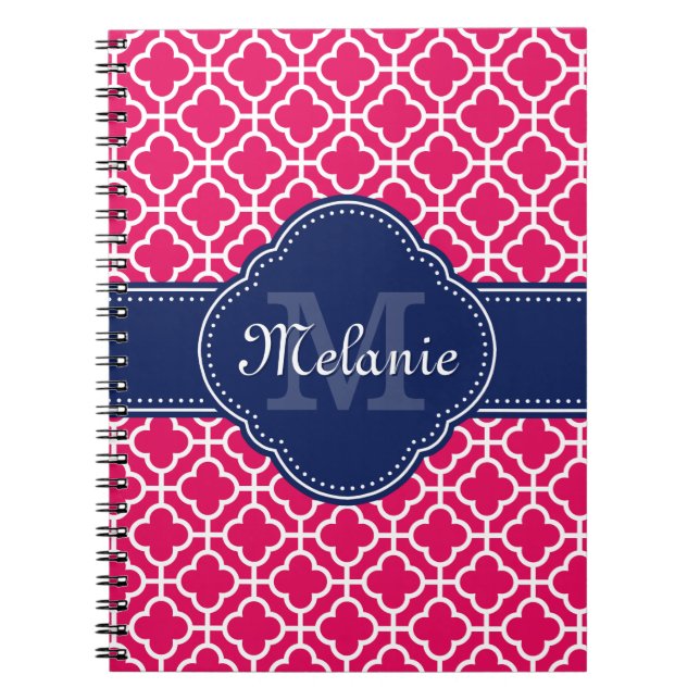 Raspberry Pink Wht Moroccan Pattern Navy Monogram Notebook (Front)