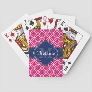 Raspberry Pink Wht Moroccan Pattern Navy Monogram Playing Cards