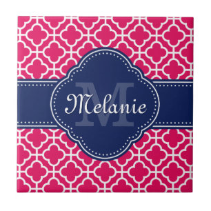 Raspberry Pink Wht Moroccan Pattern Navy Monogram Tile