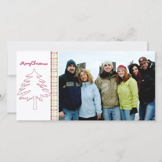 Raspberry Plaid Tree & Snowflake Merry Christmas Holiday Card (Front)