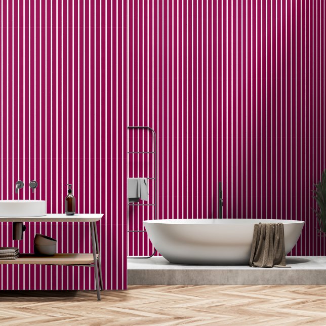 Raspberry Red And White Large Butcher Stripe Wallpaper (Bathroom)
