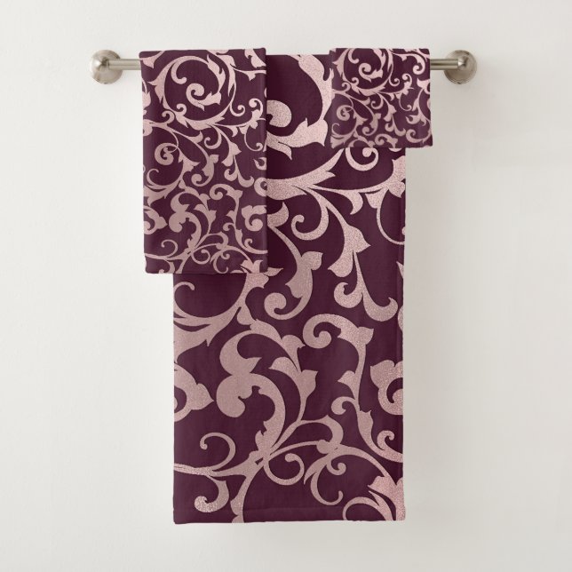 Raspberry Rose Gold Elegant Royal Princess Damask Bath Towel Set (Insitu)
