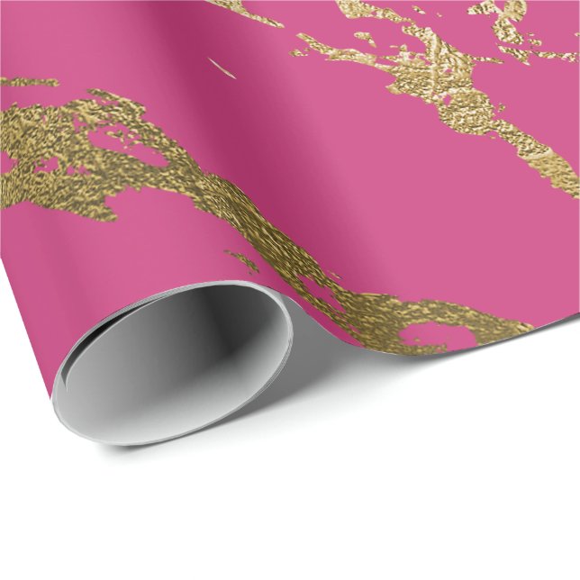 Raspberry Rubin  Pink Gold Marble Shiny Glam Wrapping Paper (Roll Corner)
