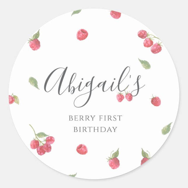 Raspberry Sweet Berry First Birthday Party Classic Round Sticker (Front)