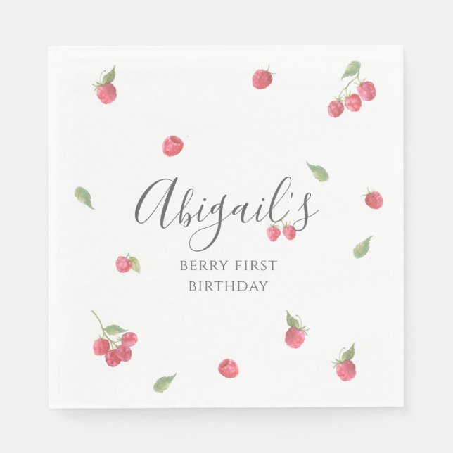 Raspberry Sweet Berry First Birthday Party Napkin (Front)