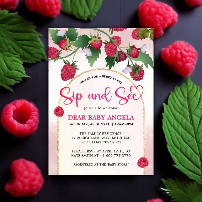 Raspberry Sweet Watercolor Baby Shower Sip & See  Invitation (Raspberry Sweet Watercolor Baby Shower Sip & See Invitation)