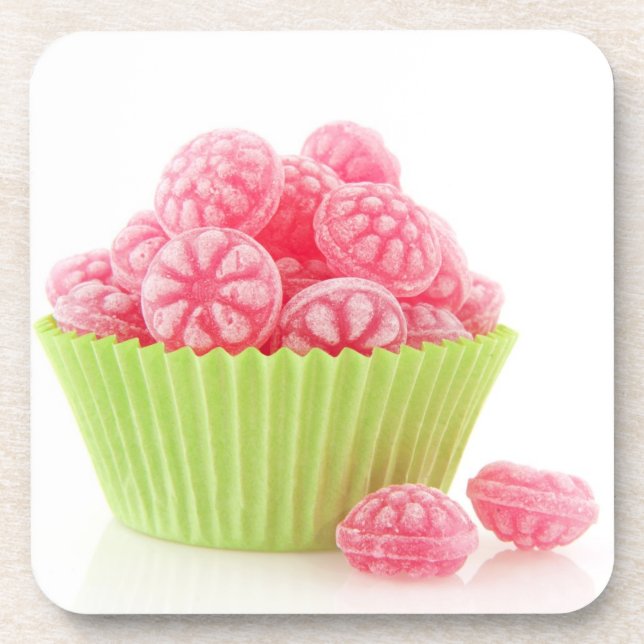 Raspberry tasty candy sweets in green cup cake coaster (Front)