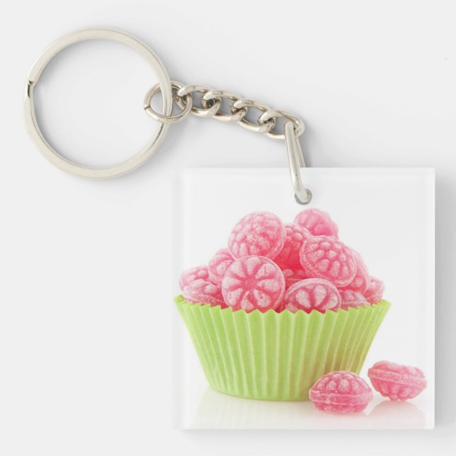 Raspberry tasty candy sweets in green cup cake keychain (Front)