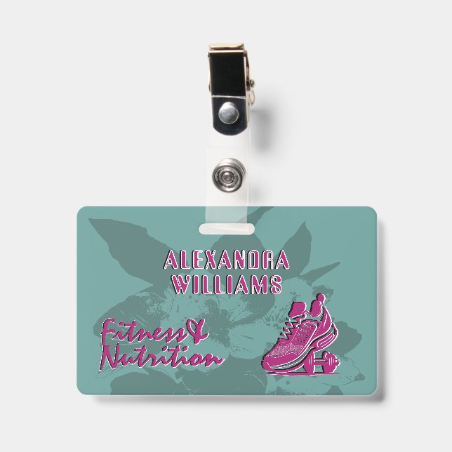 Raspberry Teal Flourished Fitness & Nutrition Badge (Front with Clip)
