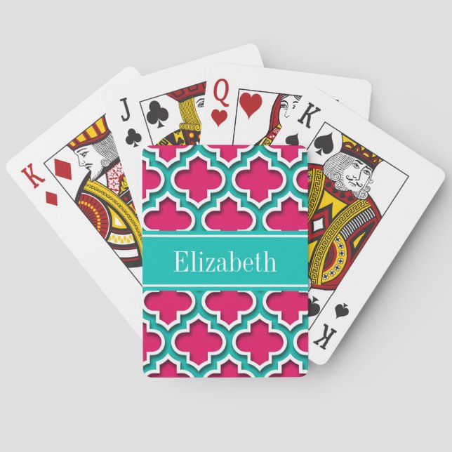Raspberry, Teal Moroccan #5DS Teal Name Monogram Playing Cards (Back)