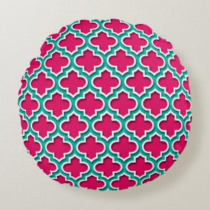 Raspberry Teal White Moroccan Quatrefoil #5DS Round Pillow