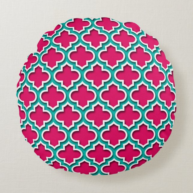 Raspberry Teal White Moroccan Quatrefoil #5DS Round Pillow (Front)