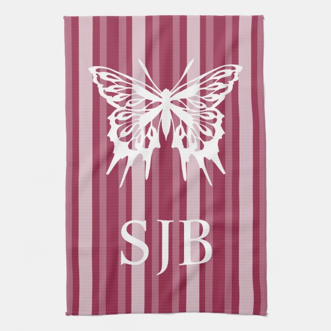 Raspberry Victorian Stripe with Butterfly Monogram Kitchen Towel (Vertical)