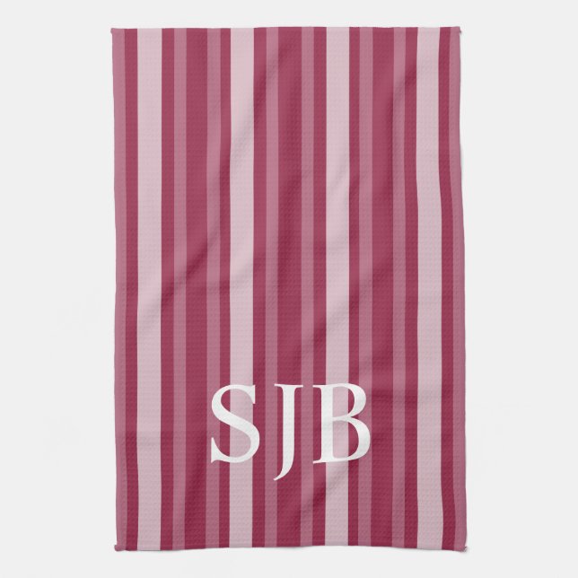 Raspberry Victorian Stripe with Monogram Kitchen Towel (Vertical)