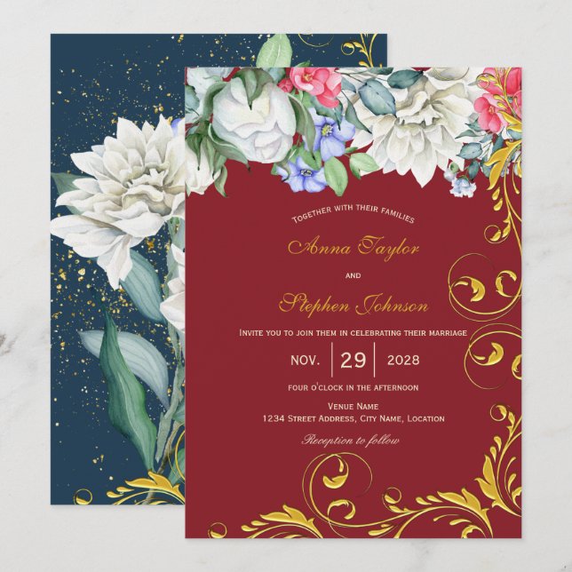 Raspberry White Blue Pink Gold Swirls Botanical Invitation (Front/Back)