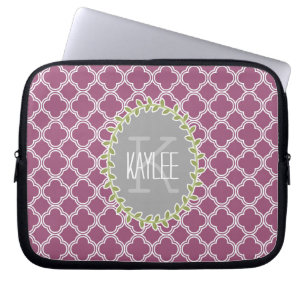 Raspberry White Lattice Pattern Monogrammed Vine Laptop Sleeve