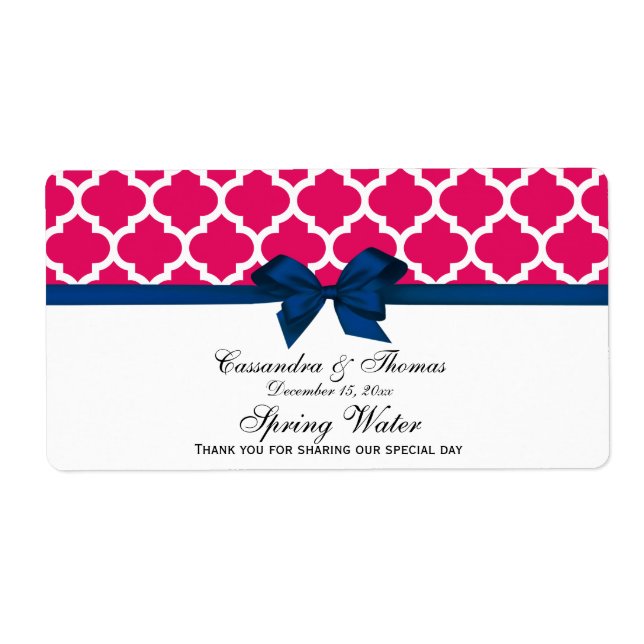 Raspberry White Moroccan Navy Bow Water Label (Front)