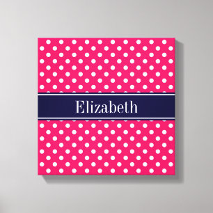Raspberry White Polka Dots Navy Blue Name Monogram Canvas Print
