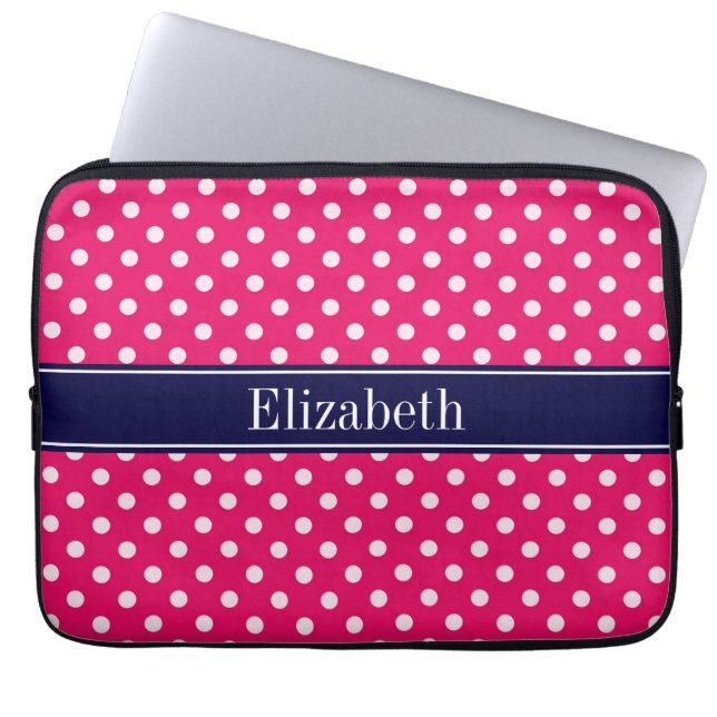 Raspberry White Polka Dots Navy Blue Name Monogram Laptop Sleeve (Front)