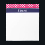 Raspberry White Polka Dots Navy Blue Name Monogram Notepad<br><div class="desc">Raspberry and White Polka Dot Pattern,  Navy Blue Ribbon Name Monogram  =========

 Customize this with your name,  monogram or other text.  You can also change fonts,  adjust font sizes and font colours,  move the text,  etc.  

 2014 ©FantabulousPatterns All rights reserved</div>