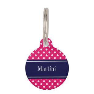 Raspberry White Polka Dots Navy Blue Name Monogram Pet Tag