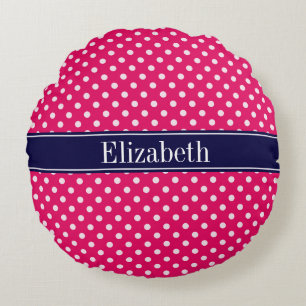 Raspberry White Polka Dots Navy Blue Name Monogram Round Pillow