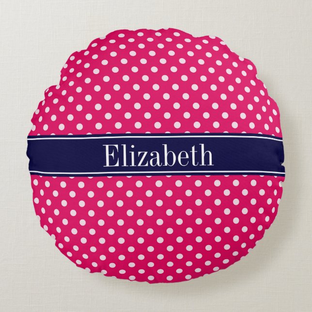 Raspberry White Polka Dots Navy Blue Name Monogram Round Pillow (Front)