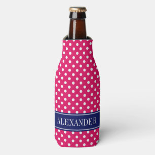 Raspberry White Polka Dots Navy Name Monogram Bottle Cooler