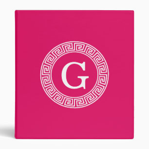 Raspberry Wht Greek Key Rnd Frame Initial Monogram Binder