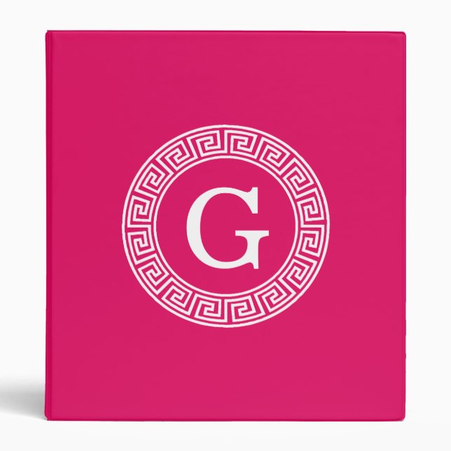 Raspberry Wht Greek Key Rnd Frame Initial Monogram Binder (Front)
