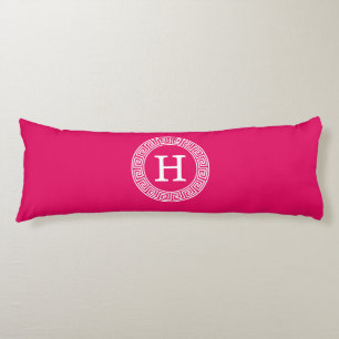 Raspberry Wht Greek Key Rnd Frame Initial Monogram Body Pillow