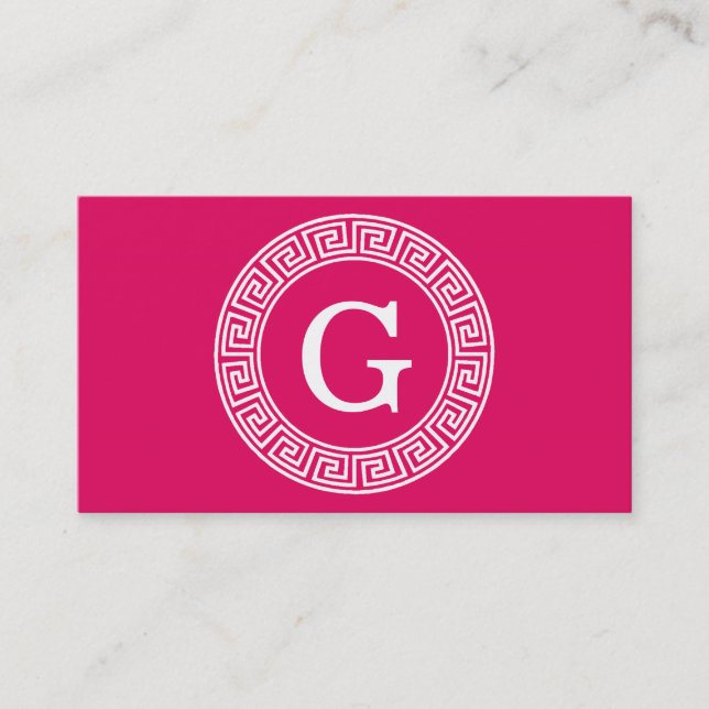 Raspberry Wht Greek Key Rnd Frame Initial Monogram Business Card (Front)
