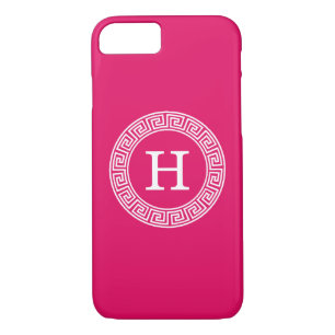Raspberry Wht Greek Key Rnd Frame Initial Monogram Case-Mate iPhone Case