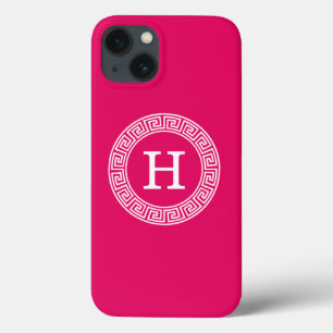 Raspberry Wht Greek Key Rnd Frame Initial Monogram iPhone 13 Case