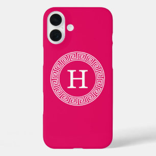 Raspberry Wht Greek Key Rnd Frame Initial Monogram iPhone 16 Plus Case